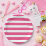 Hot Pink and White Stripes Paper Plate<br><div class="desc">Custom designed paper party plates with a chic preppy nautical stripe pattern. Click Customise It to personalise the design with your own text and images to create a unique one of a kind design to match any party decor!</div>