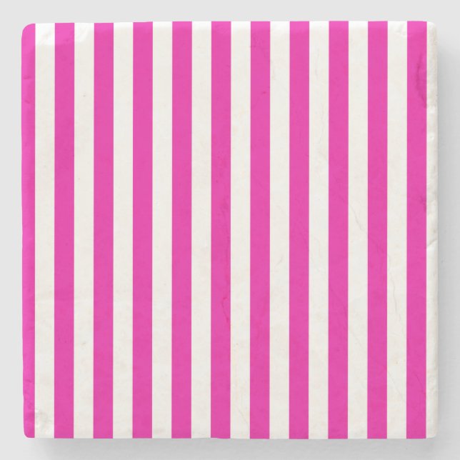Hot Pink and White, Stripes Square Coaster (Front)