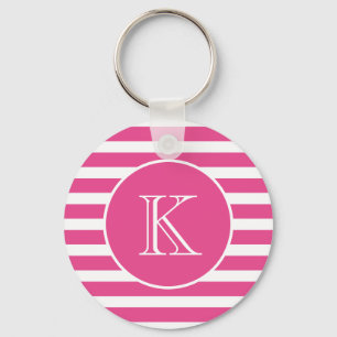 Hot Pink and White Stripes with Monogram  Keychain
