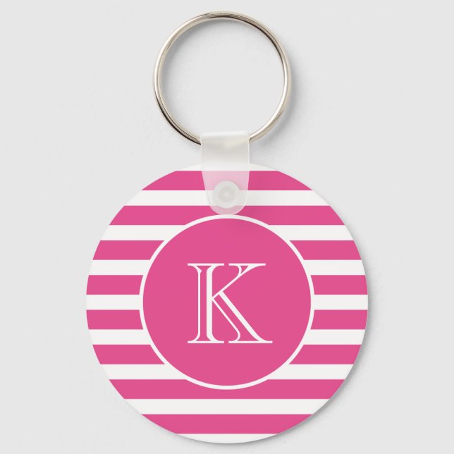 Hot Pink and White Stripes with Monogram  Keychain (Front)