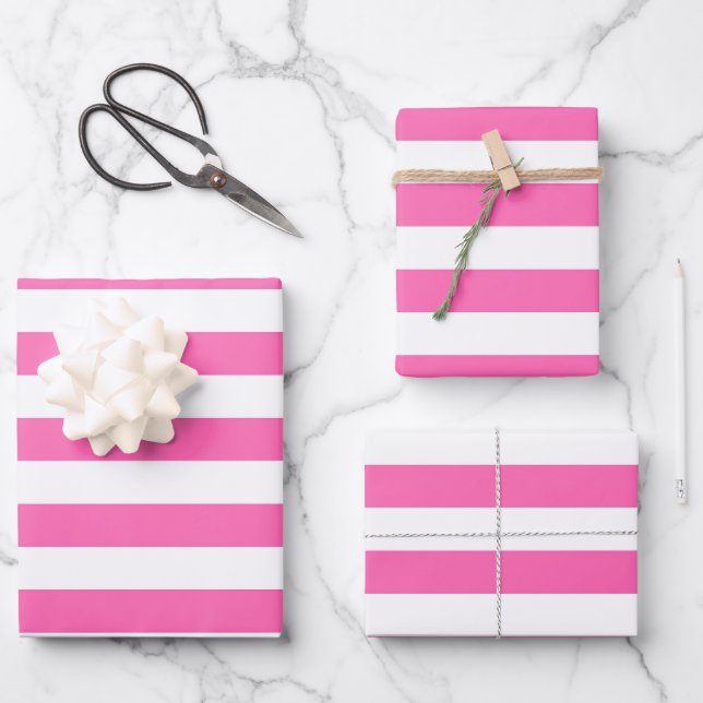 Hot Pink and White Stripes Wrapping Paper Sheet (Front)