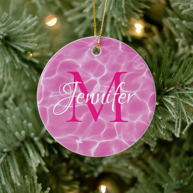 Hot Pink and White Swimming Pool Photo Monogram Ceramic Ornament (Tree)