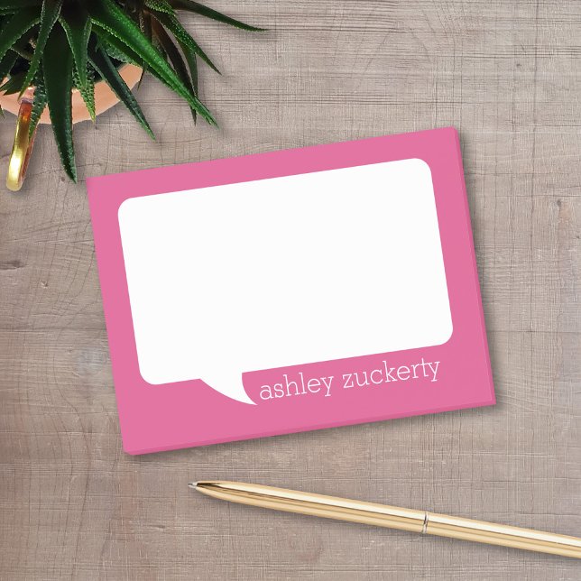 Hot Pink and White Talk Bubble Personalised Name Post-it Notes (A fun talk bubble design for a personalized post-it notepad. Add your name for a fun office gift.)