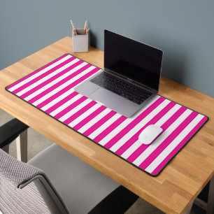 Hot Pink and White Vertical Stripes Minimalist Desk Mat