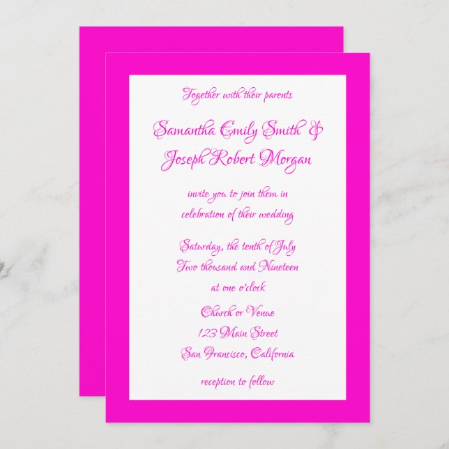 Hot Pink and White Wedding Invitation (Front/Back)