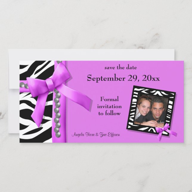 Hot Pink And White Zebra Gems Save The Date Card (Front)