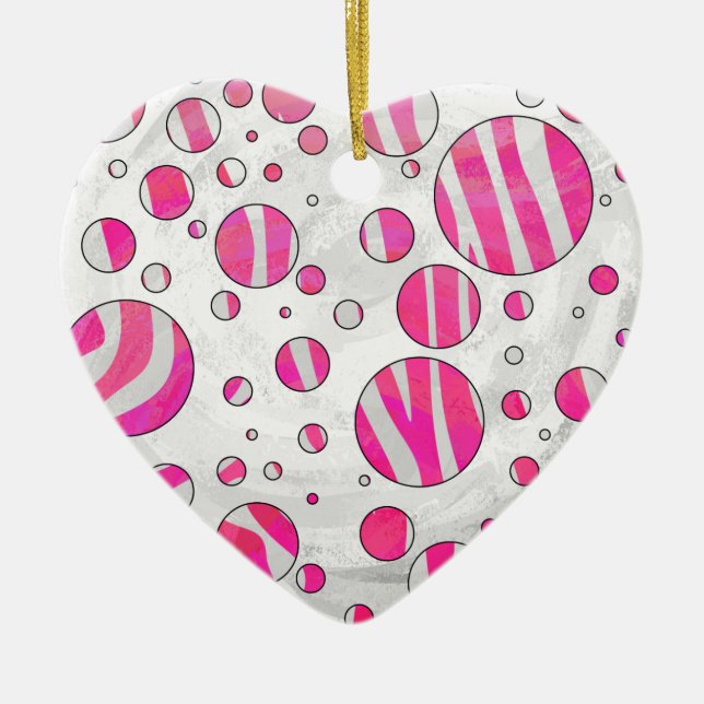 Hot Pink and White Zebra Polka Dots Ceramic Ornament (Front)
