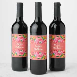 Hot Pink and Yellow Floral Watercolor Wine Label