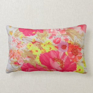 Hot pink and yellow florals pillow. lumbar cushion
