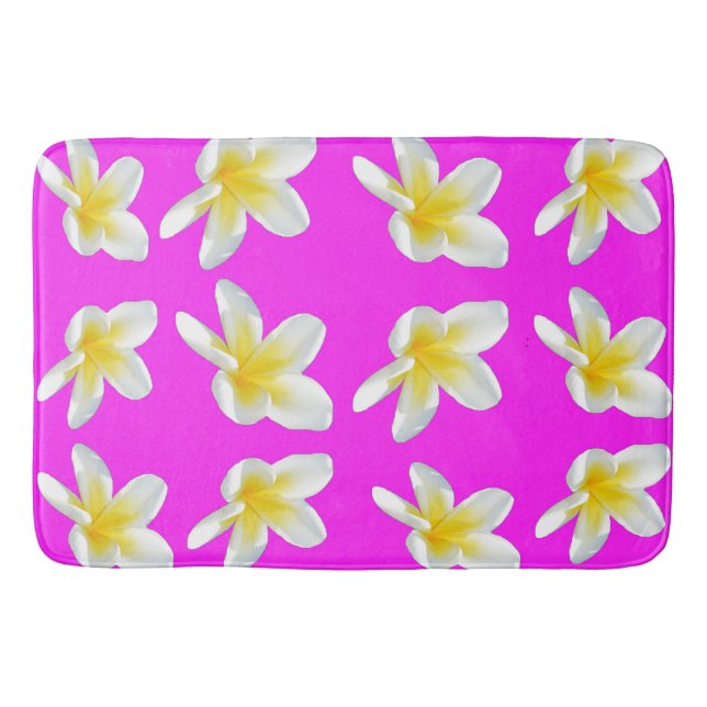 Hot Pink And Yellow Frangipani Pattern, Bath Mat (Front)