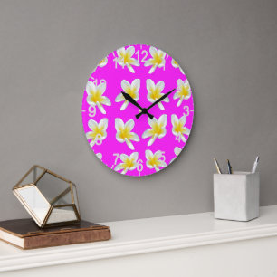 Hot Pink And Yellow Frangipani Pattern, Large Clock