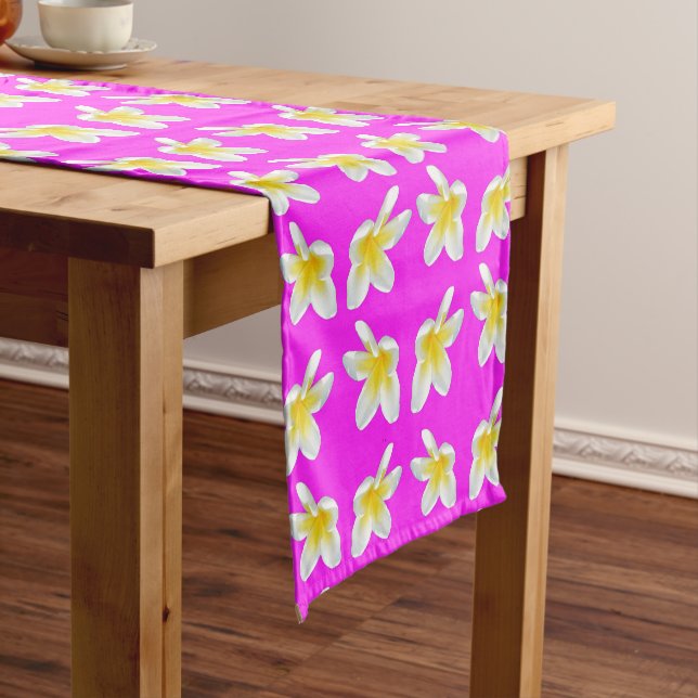 Hot Pink And Yellow Frangipani Pattern, Short Table Runner (In Situ)