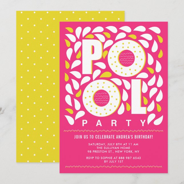 Hot Pink and Yellow Pool Party Splash Birthday Invitation (Front/Back)