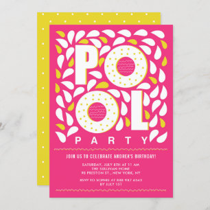 Hot Pink and Yellow Pool Party Splash Birthday Invitation
