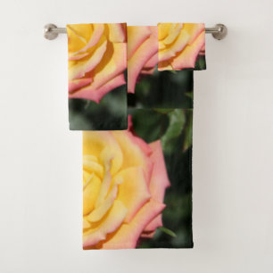 Hot Pink and Yellow Rose Flower Bath Towel Set