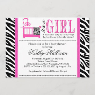 Hot Pink and Zebra Baby Shower invitation Custom