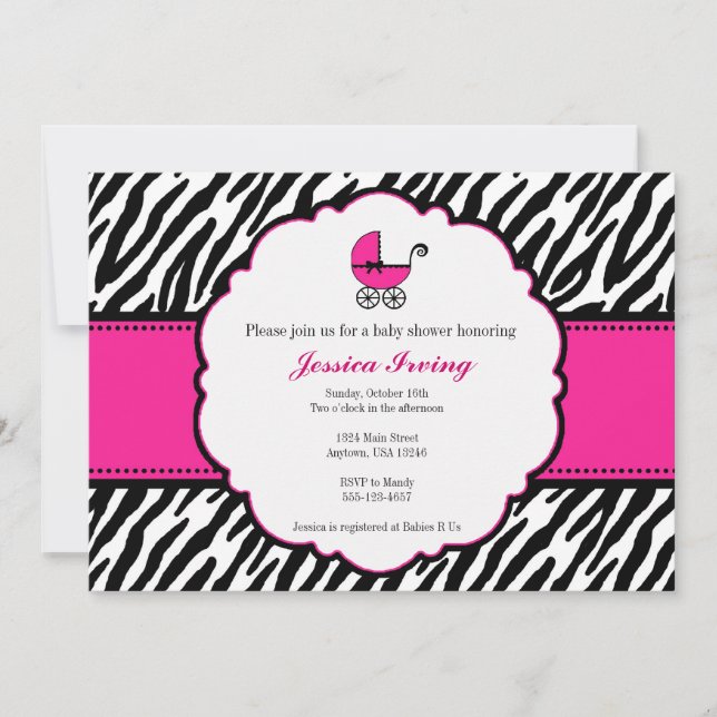 Hot Pink and Zebra Print Baby Shower Invitation (Front)