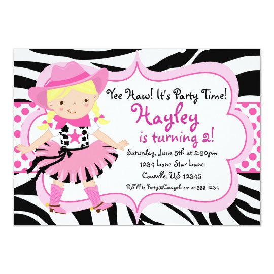 Hot Pink and Zebra Print Cowgirl Birthday Party Card