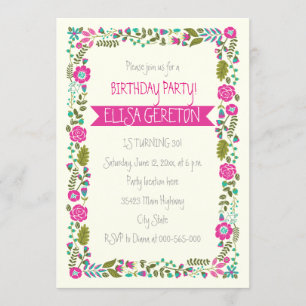Hot pink & aqua floral border women birthday party invitation