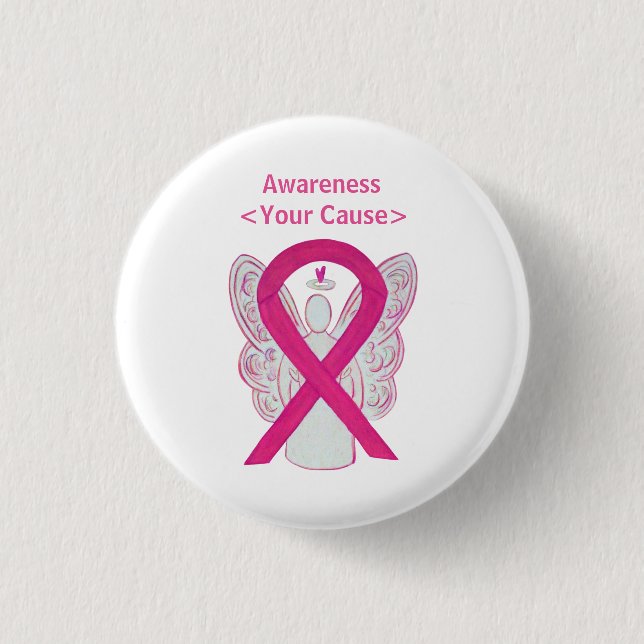 Hot Pink Awareness Ribbon Angel Custom Button (Front)
