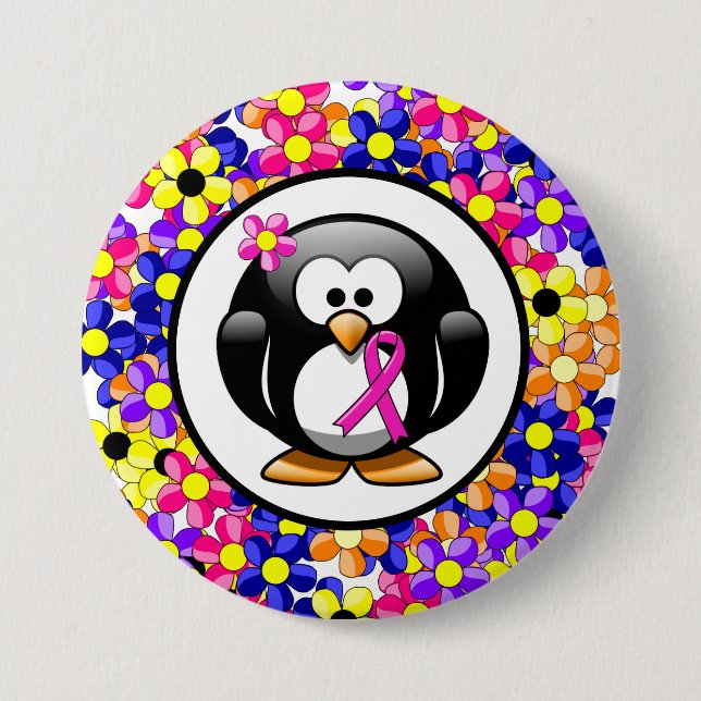 Hot Pink Awareness Ribbon Penguin 7.5 Cm Round Badge (Front)