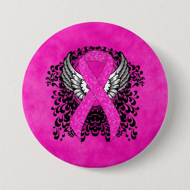 Hot Pink Awareness Ribbon with Wings 7.5 Cm Round Badge (Front)