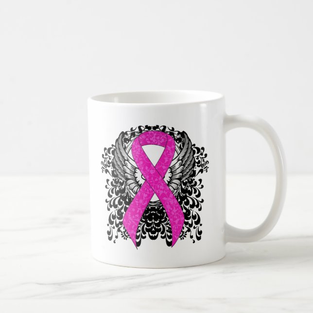 Hot Pink Awareness Ribbon with Wings Coffee Mug (Right)