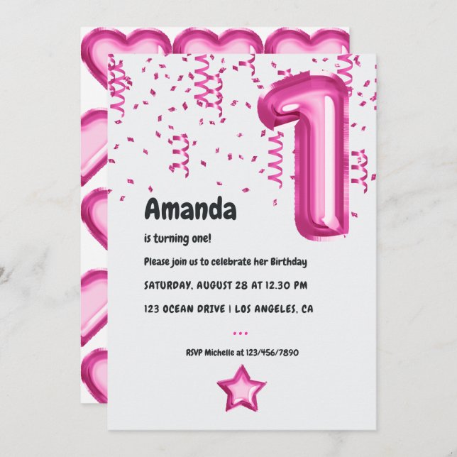 Hot-Pink Balloon 1st Birthday Invitation (Front/Back)