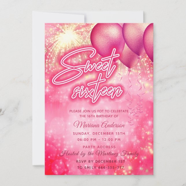 Hot pink balloon firework gold sparkle  invitation (Front)