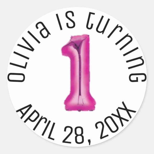 Hot Pink Balloon First Girl Birthday Modern Party Classic Round Sticker (Front)