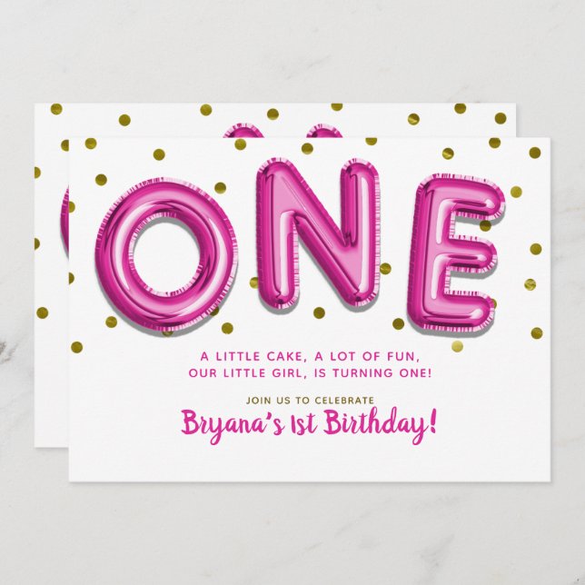 Hot Pink Balloons Gold Dots ONE 1st Birthday Party Invitation (Front/Back)
