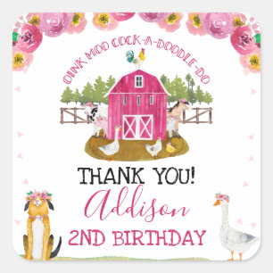 Hot Pink Barn Farm Birthday Thank You Sticker