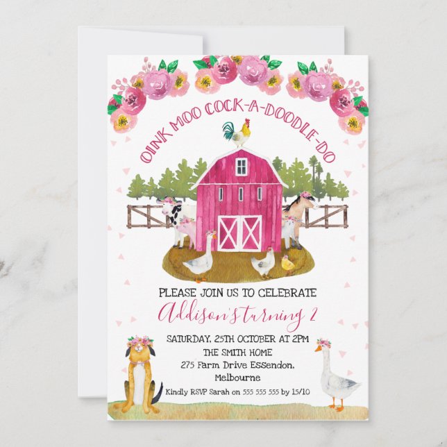 Hot Pink Barn Farm Farmyard Animals Birthday Invitation (Front)