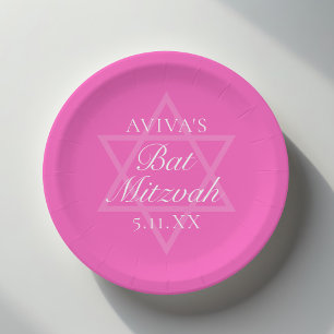 Hot Pink Bat Mitzvah Party Star of David Paper Plate