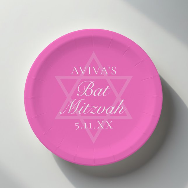 Hot Pink Bat Mitzvah Party Star of David Paper Plate (Creator Uploaded)
