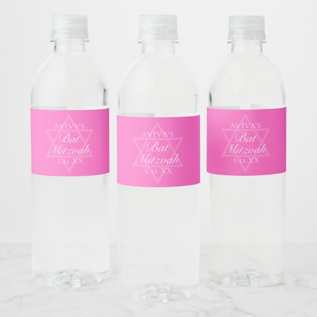 Hot Pink Bat Mitzvah Party Star of David Water Bottle Label (Bottles)