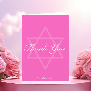 Hot Pink Bat Mitzvah Star of David Personalised Thank You Card
