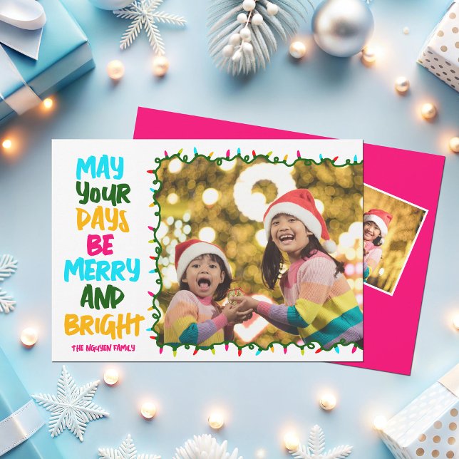 Hot Pink Be Merry Bright Christmas Lights Photo Holiday Card (Creator Uploaded)