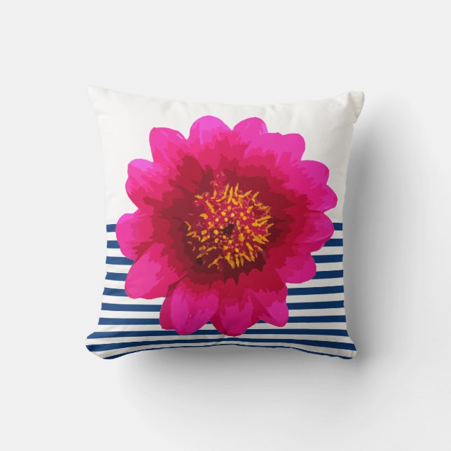 Hot Pink Beautiful Flower Navy Blue Stripes White Cushion (Front)
