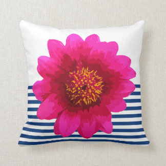 Hot Pink Beautiful Flower Navy Blue Stripes White Cushion