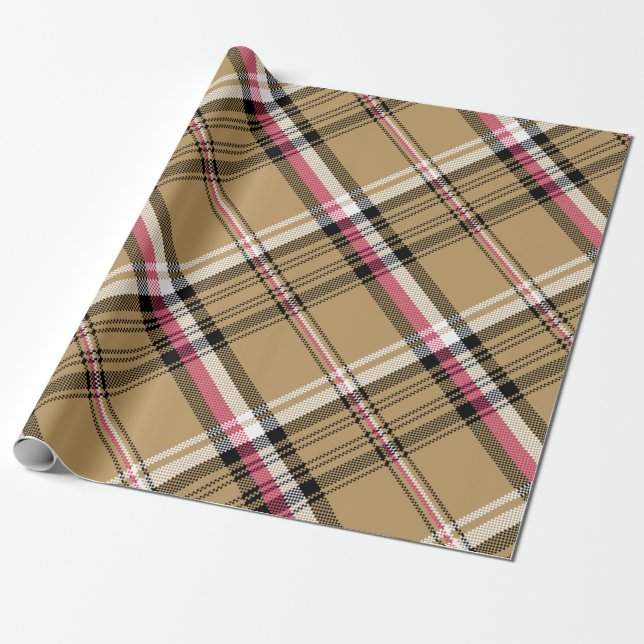 hot pink beige plaid tartan wrapping paper (Unrolled)