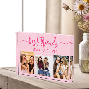 Hot Pink Best Friends 3 Photo Collage Keepsake Block