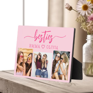 Hot Pink Besties Friends 3 Photo Collage Keepsake Plaque