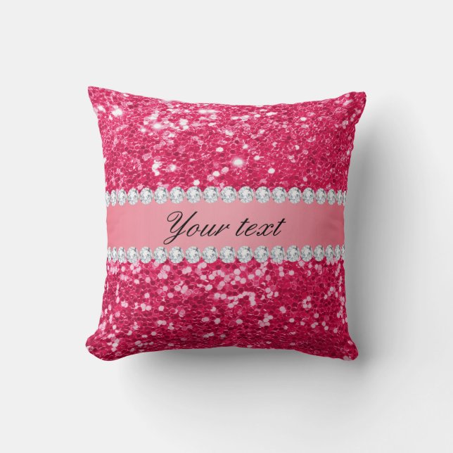 Hot Pink Big Faux Glitter with Diamonds Cushion (Front)