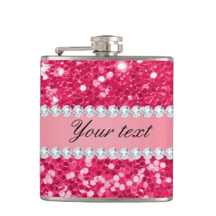 Hot Pink Big Faux Glitter with Diamonds Hip Flask