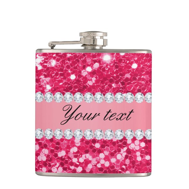 Hot Pink Big Faux Glitter with Diamonds Hip Flask (Front)