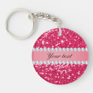 Hot Pink Big Faux Glitter with Diamonds Key Ring
