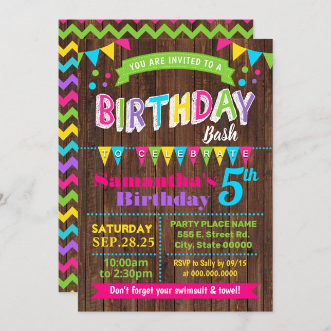 Hot Pink Birthday Bash Party Invitation (Front/Back)