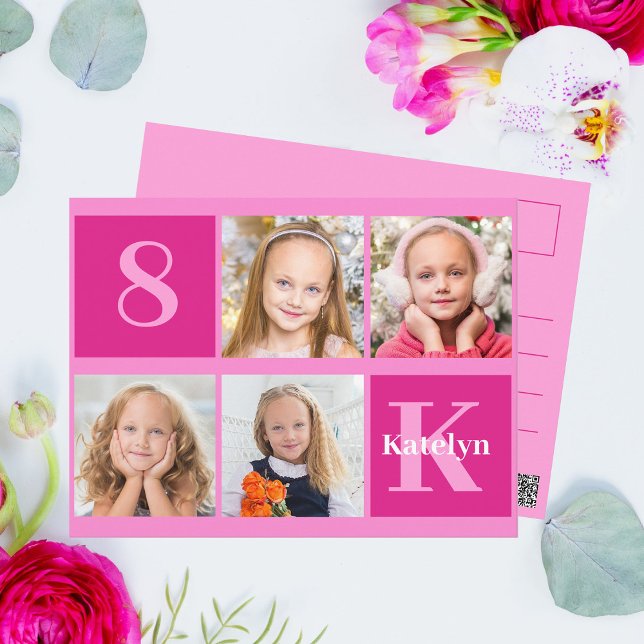 Hot Pink Birthday Girl Photo Collage Chic Postcard (Creator Uploaded)
