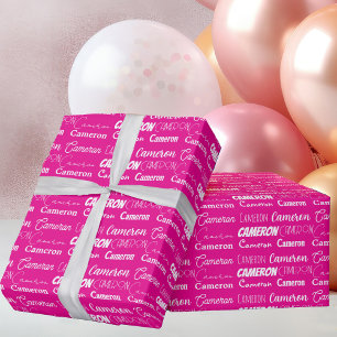 Hot Pink Birthday Trendy Personalised Name Wrapping Paper